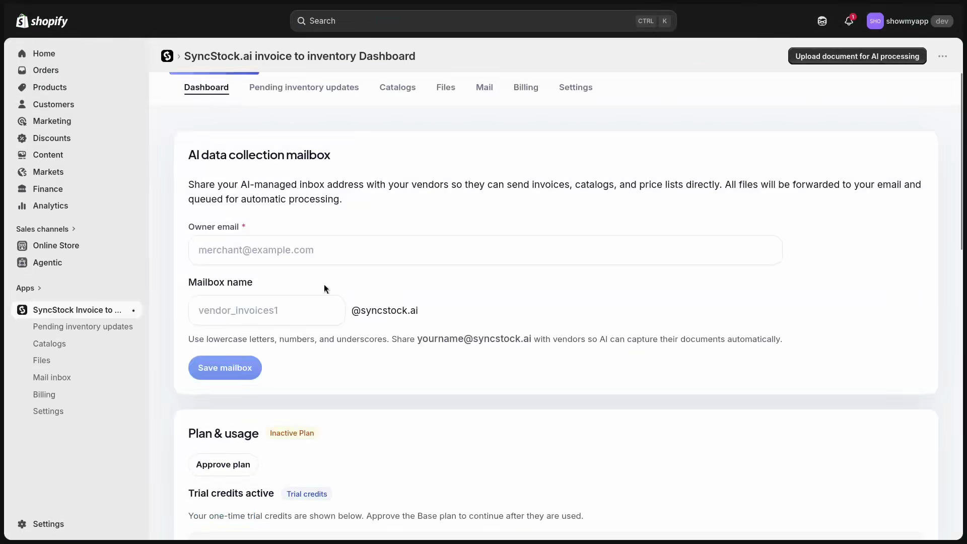 SyncStock settings for choosing a dedicated supplier document mailbox