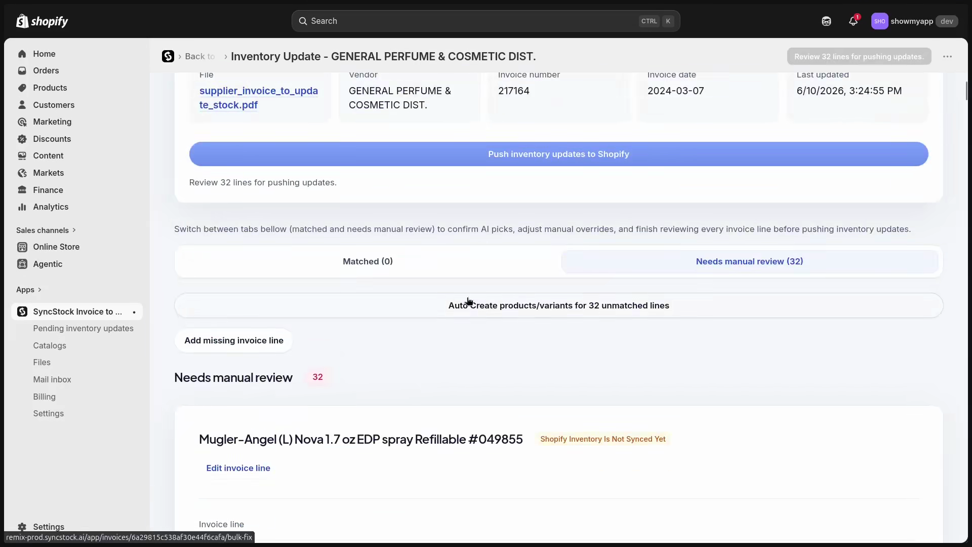 Invoice review with a bulk action to create all missing Shopify products