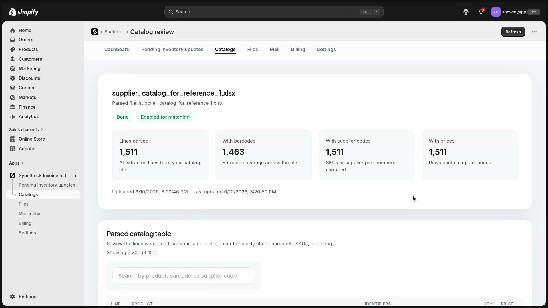 Parsed supplier catalog used as a reference for Shopify product matching
