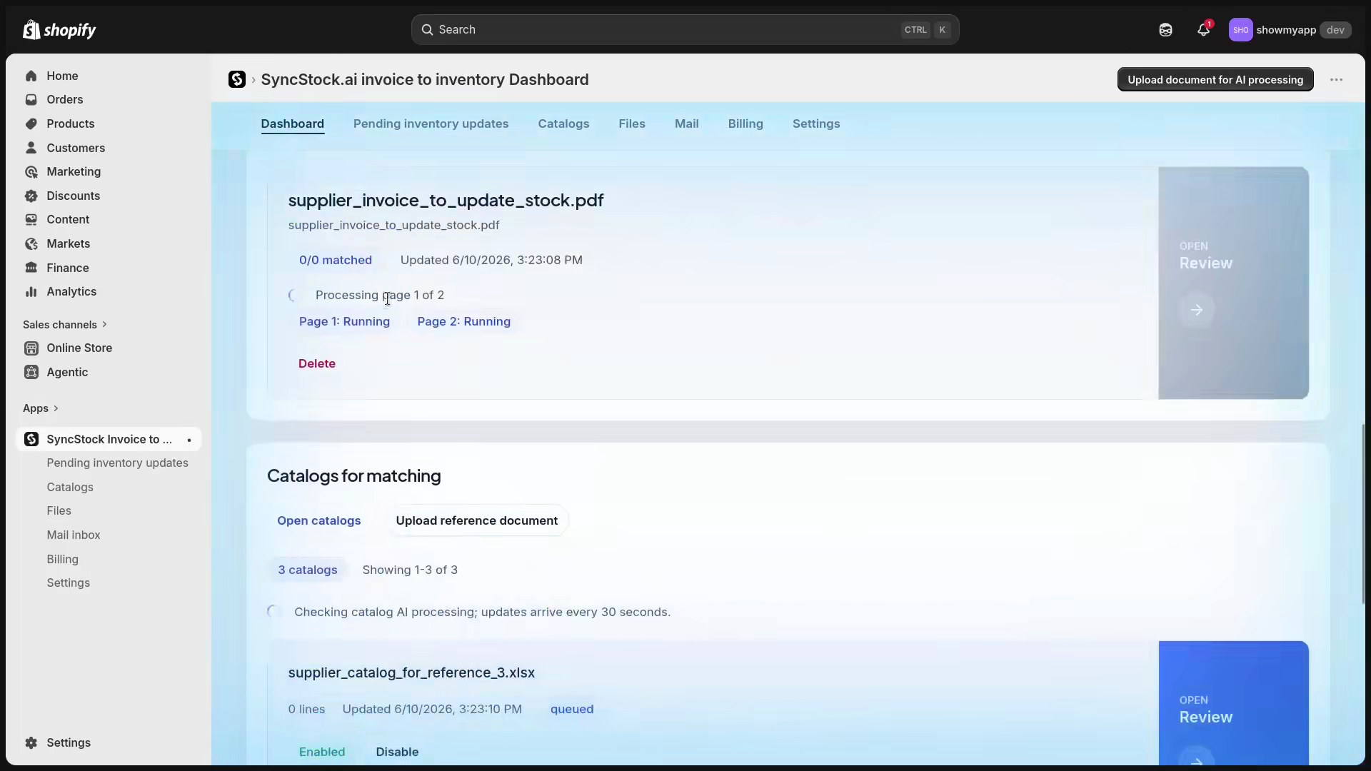 SyncStock dashboard showing AI invoice processing and supplier catalogs inside Shopify