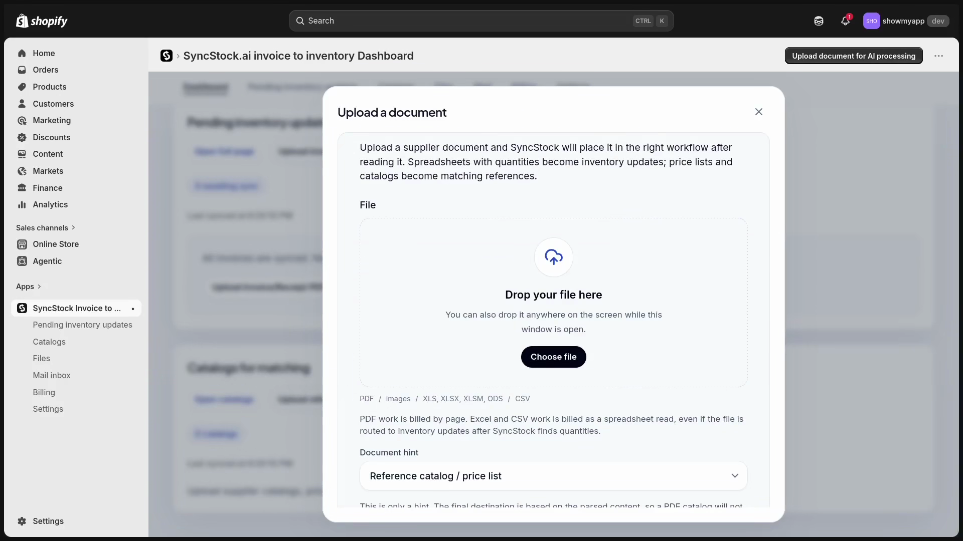 SyncStock document upload screen accepting supplier invoices and catalogs