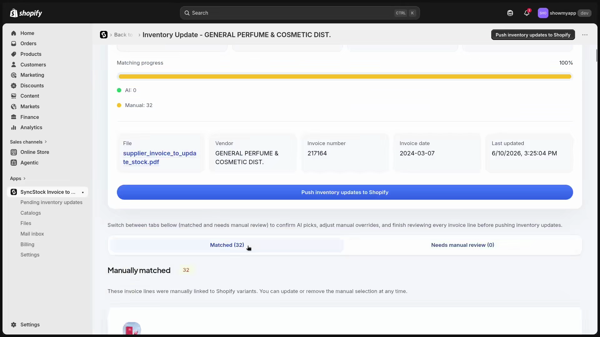 Fully matched invoice waiting for final Shopify inventory confirmation